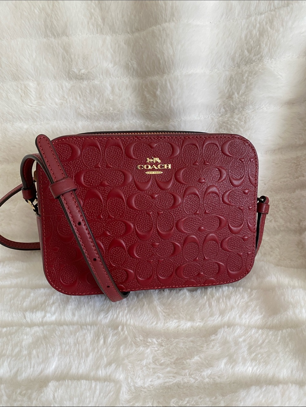 Coach Signature Embossed Burgundy Leather Mini Camera Bag, EUC